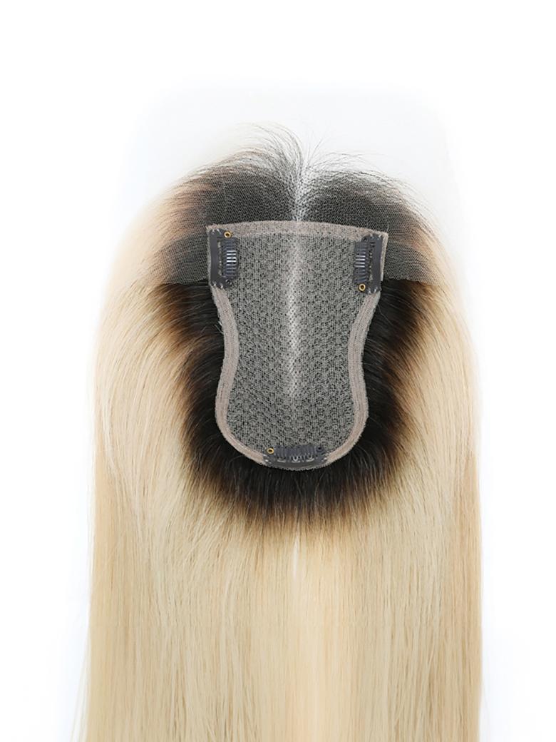 3.5x5.5 HD Lace Light Blonde Dark Roots Straight Clip On Hair Topper