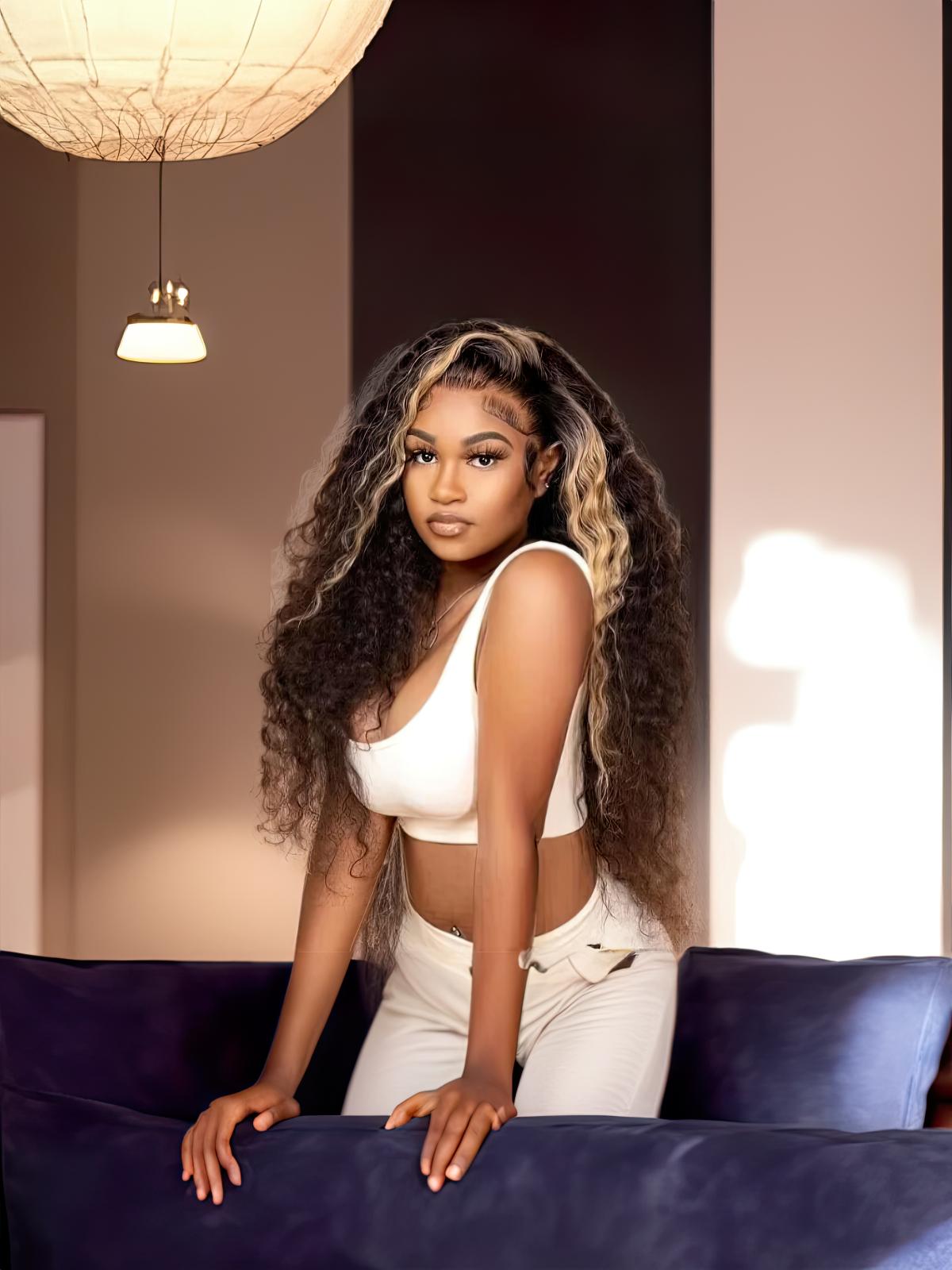 Put On And Go 6x4.5 Pre-Cut Lace Black With Blonde Highlights Bouncy Jerry Curly Air Wig