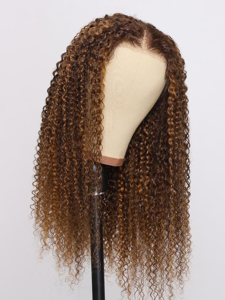 200% Density 7x5 Glueless Bye Bye Knots Lace Highlight Piano Brown Kinky Curly Wig with Baby Hair