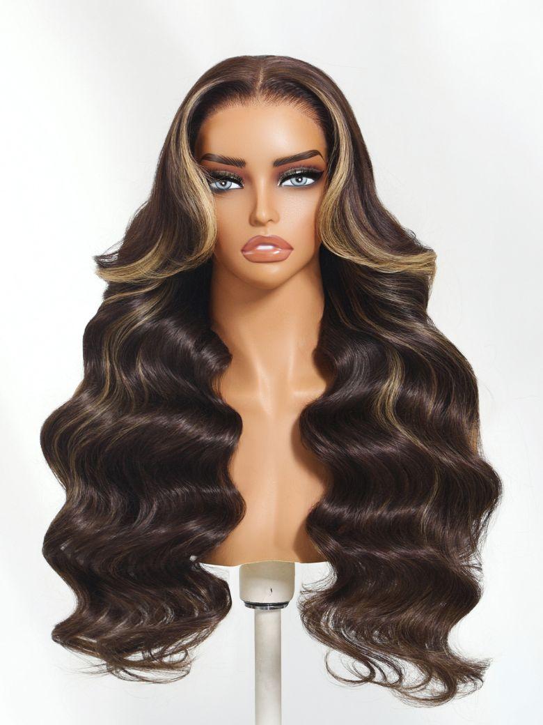 Bye-Bye Knots 7x5 Lace Chocolate Brown Hair With Highlights Loose Wave Wig With Face Framing Layers