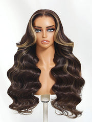 Bye-Bye Knots 7x5 Lace Chocolate Brown Hair With Highlights Loose Wave Wig With Face Framing Layers
