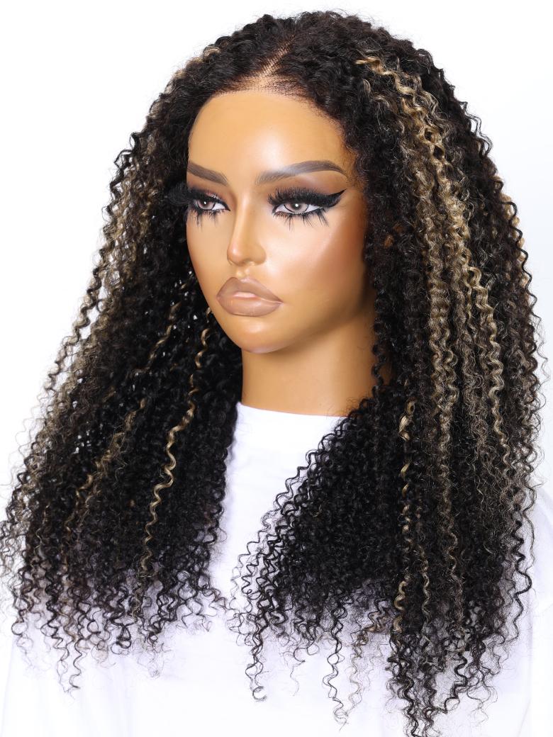 Bye Bye Knots Wig 7x5 Glueless Lace Black With Blonde Highlights Kinky Curly Bleached Knots Wig 150% Density