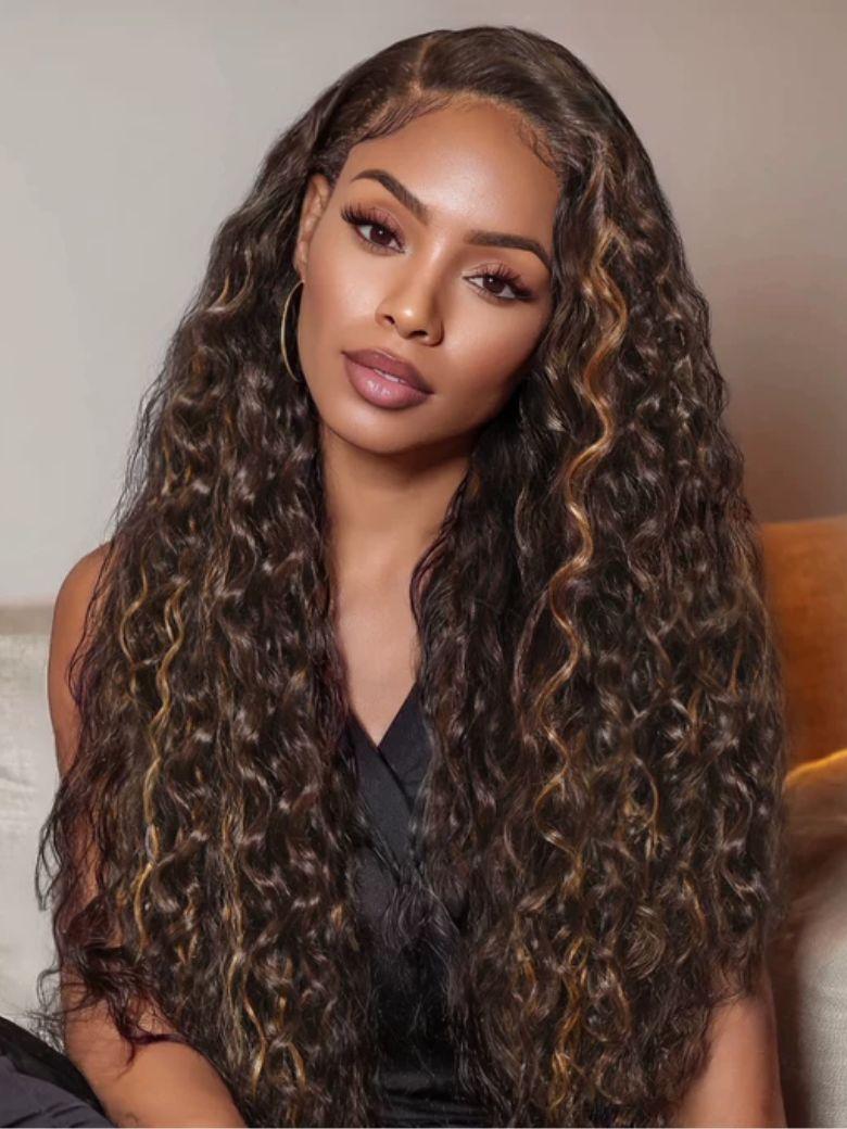 Bye-Bye Knots? 7x5 Lace Dark Toffee Brown with Auburn Highlights Water Wave Wig with Invisi Drawstring