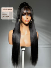 7x5 Bye Bye Slip? Lace Black Glueless Long Layered Yaki Straight Drawstring Wig with Wispy Bangs