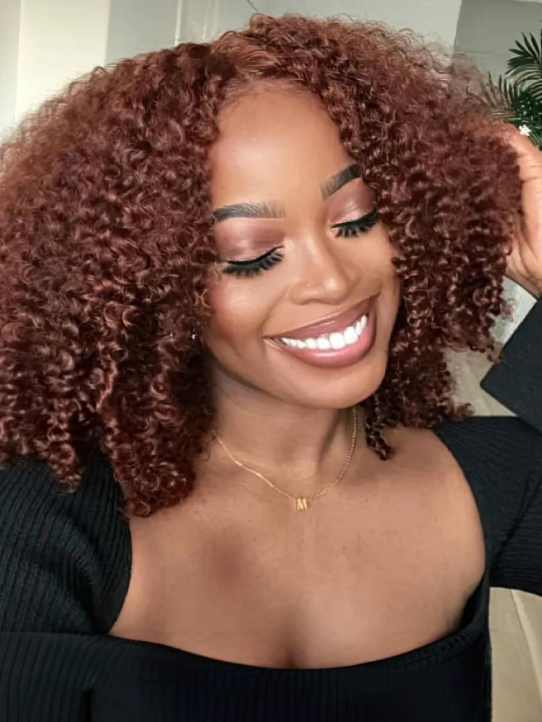 13x4 Lace Front Kinky Afro Puff Reddish Brown 16 Inch Shoulder Length Wig