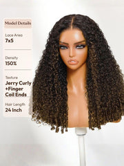 EasiContour? V Part Black to Chestnut Brown Jerry Curly Drawstring Wig & 7x5 Bye Bye Slip? Glueless Lace Burmese Curly With Finger Coil Ends Wig