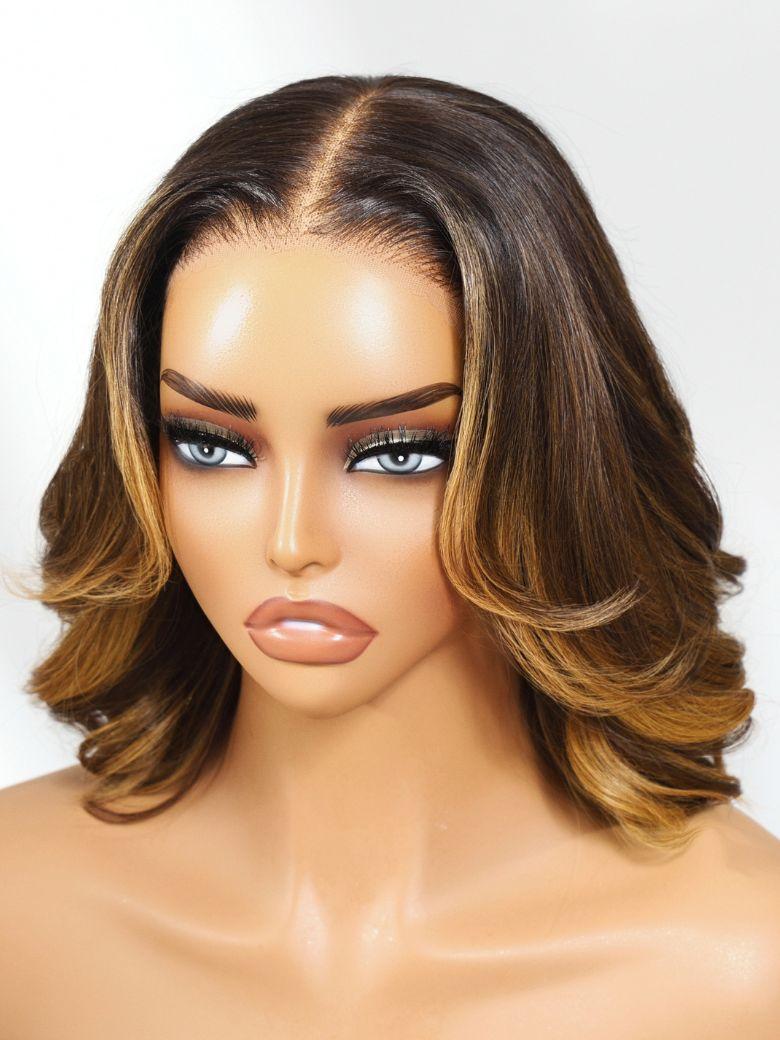 [Only 21 New User Need] 13x4 Pre-Everything? Lace Frontal Brown With Honey Blonde Face-Framing Highlights Wavy Bob Drawstring Wig