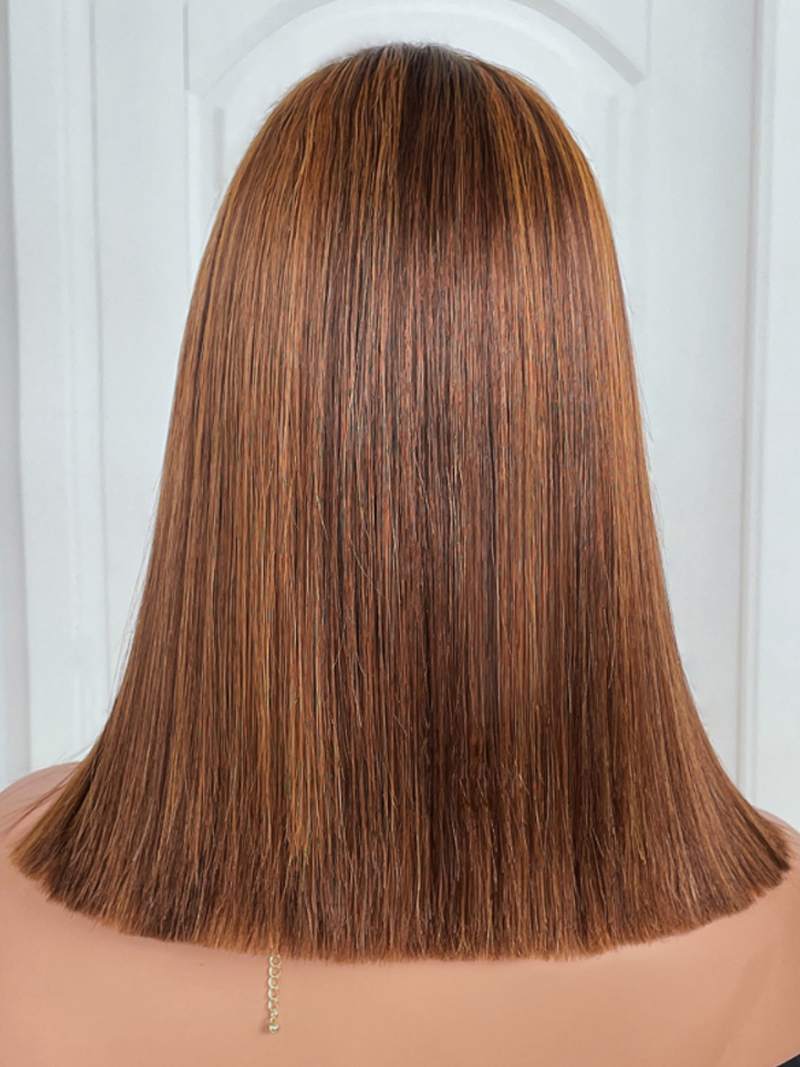 Toffee Brown With Piano Highlights Blunt Cut 13x5 T Part Bob Wig