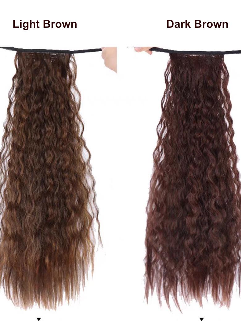 Machine-Made Dark Brown Deep Wave Clip-In Ponytail Extension