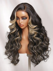 7x5 Bye Bye Slip? Lace Black With Blonde Face-Framing Highlights Body Wave Wig with Side Part Bangs