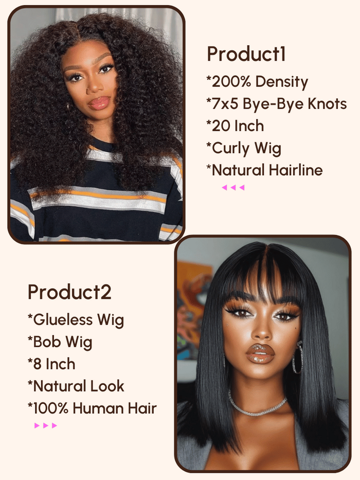 Petaluxe $119=2 Wigs | 200% Density 20" 7x5 Bye-Bye Knots Wig and Bob Wig with Bang