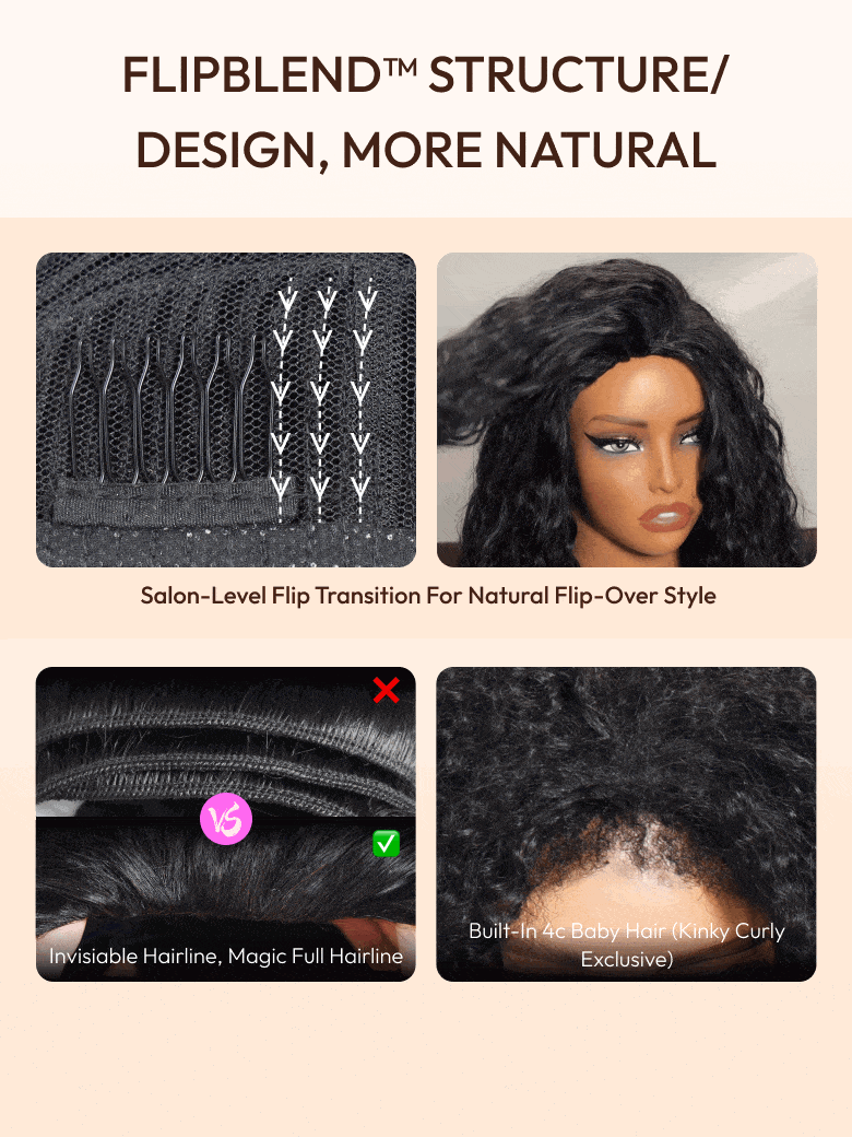 Versatile 2-in-1 Black to Brown Ombre Turn-Around Kinky Curly Half Wig Glueless for Beginners