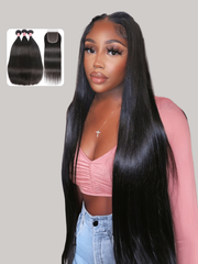 Hair 3 Bundles Peruvian Straight Hair Weft With HD Closure