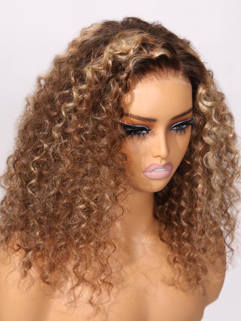 Bye Bye Knots Wig 7x5 Lace Honey Brown Highlights 80s Curly Hair Wig