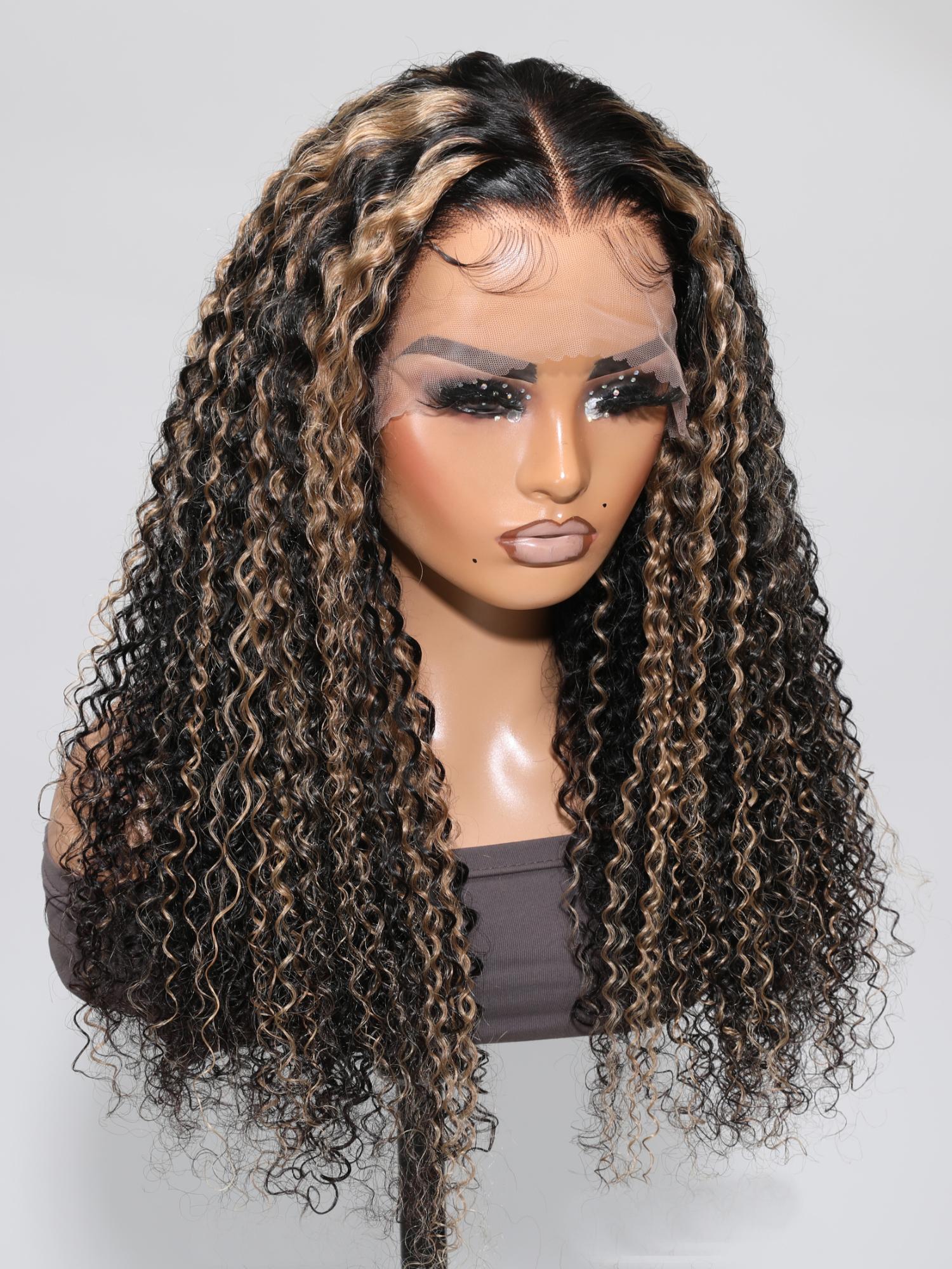 13x4 Lace Front Black Curly Wig With Blonde Piano Highlights