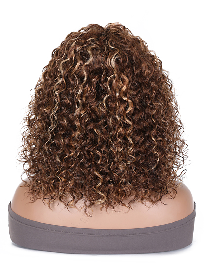 Highlight Brown Glueless Deep Wave Honey Blonde Wig with Bangs