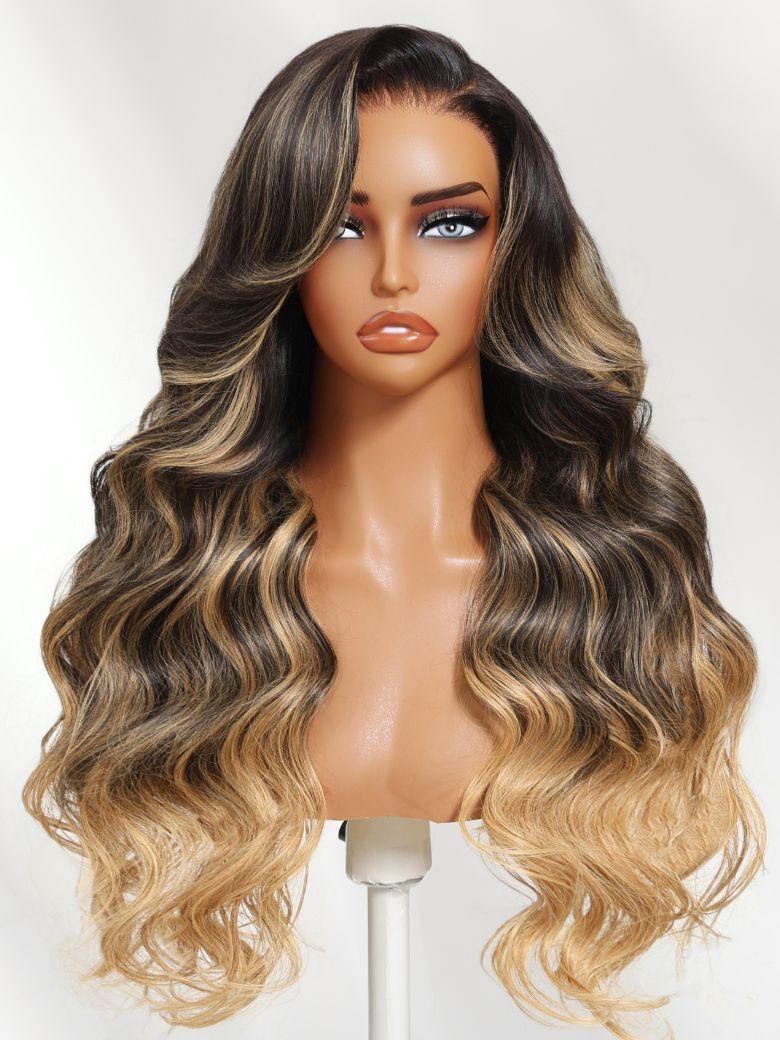 Bye-Bye Knots? Black With Blonde Highlights 7x5 Lace Loose Wave Wig With Face Framing Layers