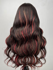 26 Inch Black with Red & Blonde Highlights 13x4 Lace Front Red And Blonde Loose Wave Wig