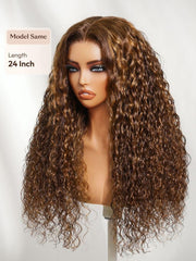 13x4 Pre-Everything? Lace Frontal Toffee Brown With Piano Highlights Water Wave Glueless Wig with Invisi Drawstring