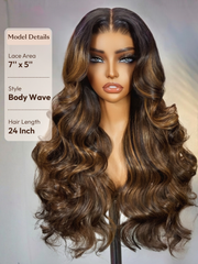 24 inch highlighted brown body wave no slip wig with a 7x5 lace closure area on a mannequin.
