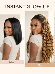 Before and after hair transformation: transitioning from a natural black lob to long honey blonde curly hair wig.