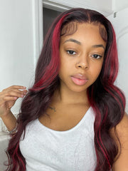 [20'=$124] Dark Burgundy With Rose Red Highlights 13x4 Transparent Lace Front Loose Wave Wig 150% Density