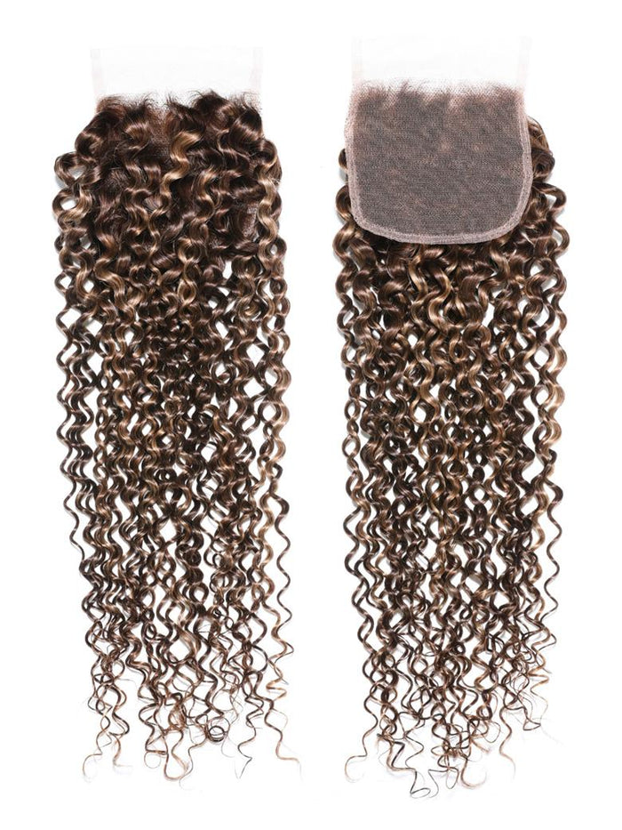 Petaluxe Honey Blonde Highlighted Jerry Curly 4x4 Free Part Closure