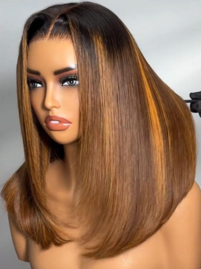 Petaluxe 7x5 Bye-Bye Knots & 13x4 Pre-Everything Lace Brown With Blonde Piano Highlights Blunt Bob Wig with Dark Roots
