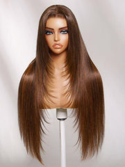 7x5 Bye-Bye Slip? Lace Rich Brown with Golden Copper Highlights Layered Straight Glueless Wig with Invisi Drawstring