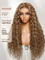 13x4 & 7x5 Bye Bye Slip? Lace Frontal Caramel Brown With Honey Blonde Highlights Water Wave Glueless Drawstring Wig