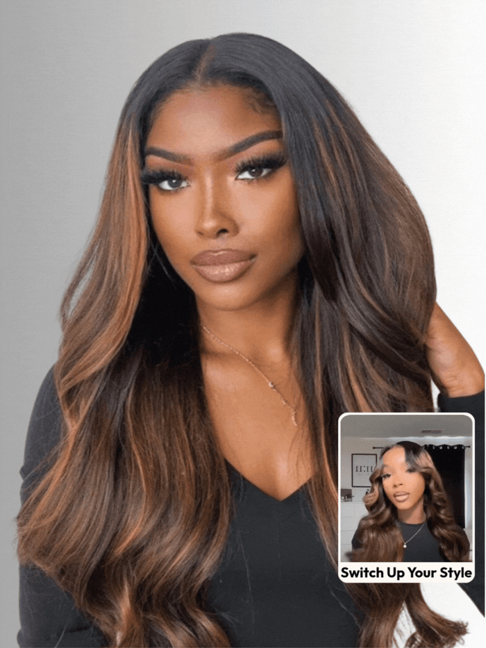 [Ship within 24H]Petaluxe 7x5 Bye Bye Knots? Wig Glueless Lace Balayage Highlight Body Wave Drawstring Curtain Bangs Wig