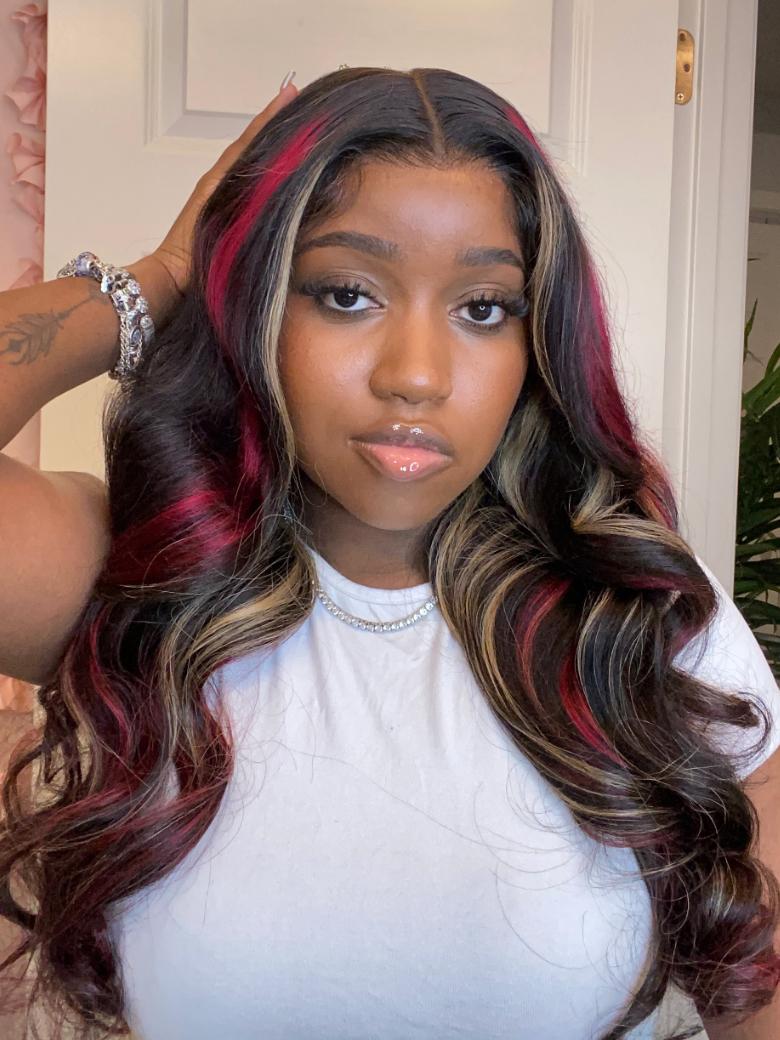 Bye Bye Knots 7x5 Glueless Lace Red Blonde Highlights Loose Wave Wig For Summer Vacation
