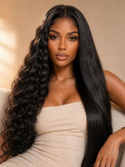 Long black hair wig with half-wavy and half-straight texture for , featuring a natural middle part and transparent lace.