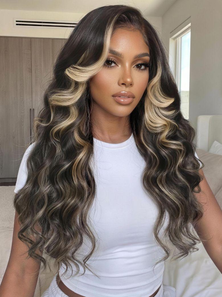 7x5 Bye-Bye Knots? & 13x4 Pre-Everything? Lace Frontal Pull And Go Black Fluffy Natural Loose Wave Curtain Bangs Wig with Free Ear Tape