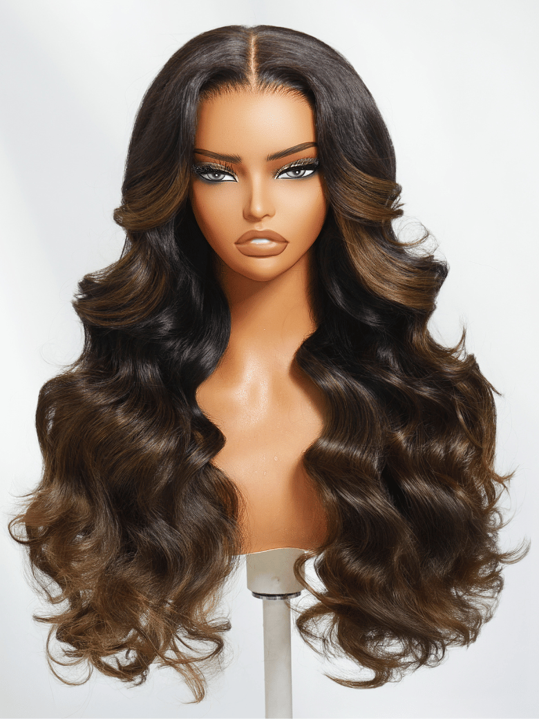 7x5 Bye Bye Knots Wig Glueless Lace Black to Chestnut Brown Ombre Loose Wave Wig With Bleached Knots 150% Density