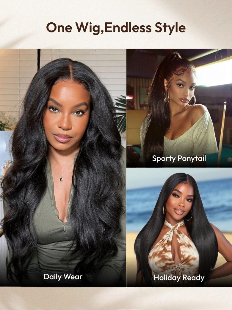 [18"=$99] EasiContour™ V Part Glueless Yaki Straight Wig With Invisi Drawstring 100% Human Hair 180% Density