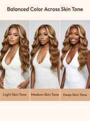 Honey blonde body wave beginner wig shown on light, medium, and deep skin tones for color comparison.