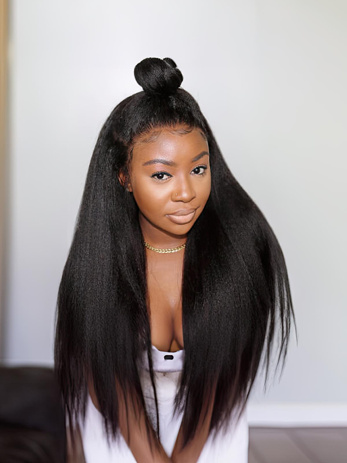 [From 18"] 6x4.5 Pre Cut Lace Put On And Go Kinky Straight Black Air Glueless Wig 150% Density