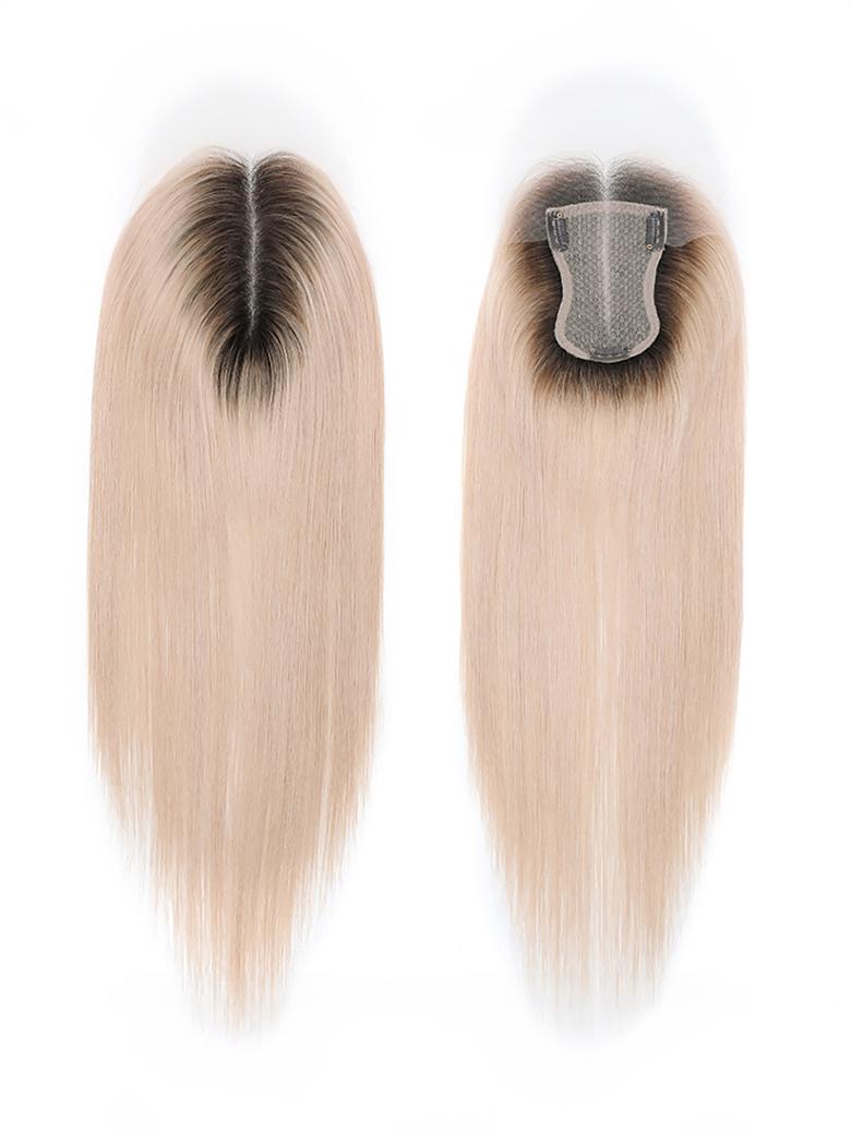 3.5x5.5 HD Lace Sandy Blonde Dark Roots Straight Clip On Hair Topper
