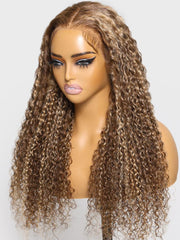 Real Ear To Ear Super Secure 13x4 Lace Frontal Honey Blonde Highlights Jerry Curly Pre-Everything Bouncy Wig with Baby Hair