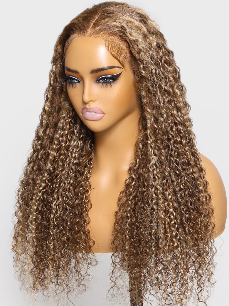 Real Ear To Ear Super Secure 13x4 Lace Frontal Honey Blonde Highlights Jerry Curly Pre-Everything Wig