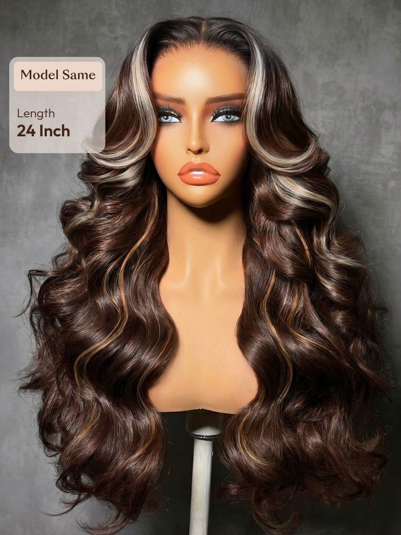 7x5 Bye Bye Slip? Lace Chocolate Brown Loose Wave Drawstring Wig with Platinum Blonde Highlighted Face Framing Layers