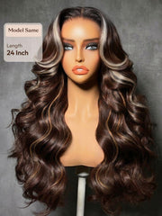 7x5 Bye Bye Slip? Lace Chocolate Brown Loose Wave Drawstring Wig with Platinum Blonde Highlighted Face Framing Layers