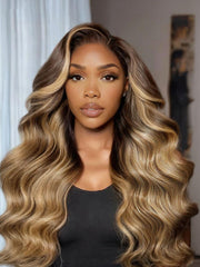 13x4 Pre-Everything? Lace Frontal Honey Blonde Balayage With Chestnut Brown Roots Body Wave Drawstring Wig