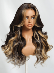 Bye-Bye Knots Wig 7x5 Lace Bouncy Loose Wave Butterscotch Highlights Brown Wig 150% Density