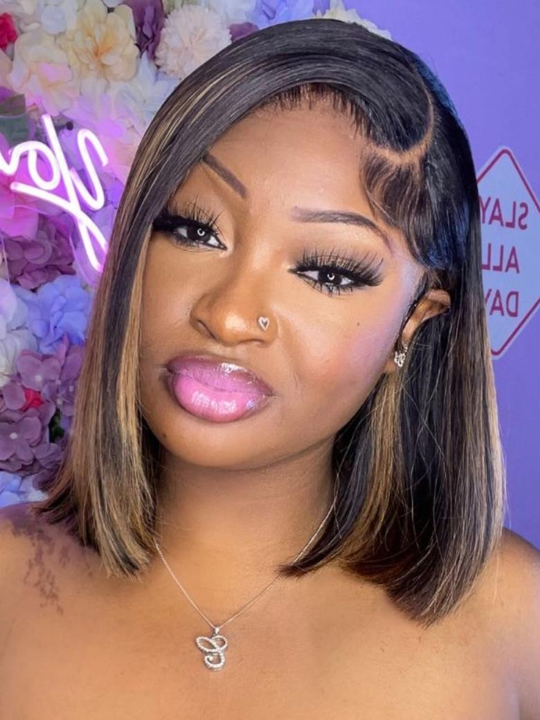 13x4 Lace Front Black With Medium Auburn Brown Y2K Highlights Bob Wig