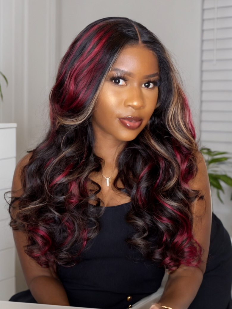 26 Inch 13x4 Lace Front  Black with Red & Blonde Highlights Red And Blonde Loose Wave Wig 150% Density