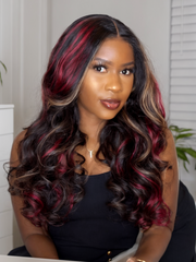 26 Inch 13x4 Lace Front  Black with Red & Blonde Highlights Red And Blonde Loose Wave Wig 150% Density