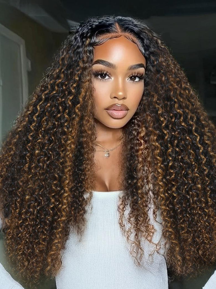 [Down to $69] Petaluxe EasiContour? V Part Brown Highlights with Dark Roots Jerry Curly Drawstring Wig 180% Density Protect Your Natural Hair
