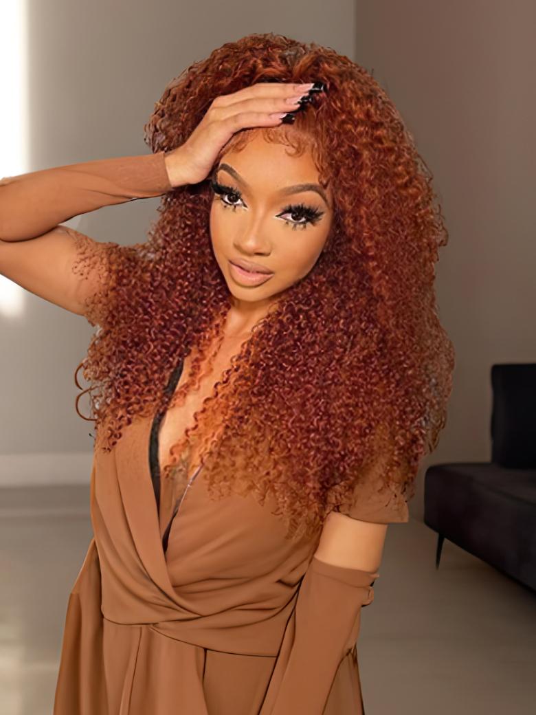 Medium Auburn Jerry Curly Human Hair Glueless Lace Wig 150% Density
